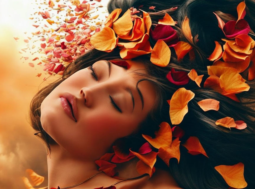 Woman with Flower Petals in Hair on Warm Background