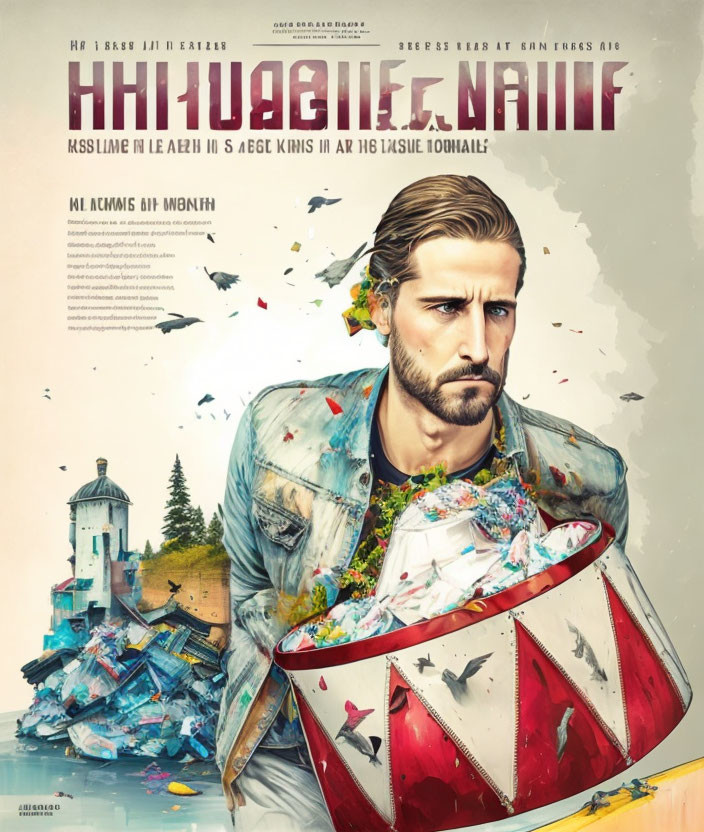 Illustrated movie poster: man with paint can, denim jacket, lighthouse backdrop, stylized text