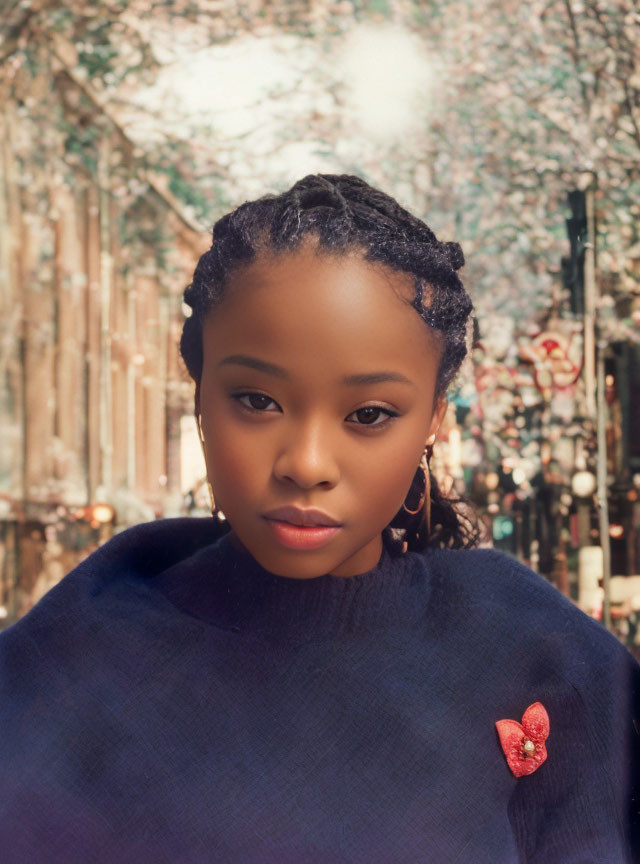 Young woman with braided hair in blue sweater and red flower pin against blurred trees.