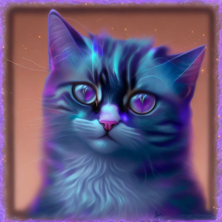 Stylized cat digital artwork with purple and blue fur on brown background