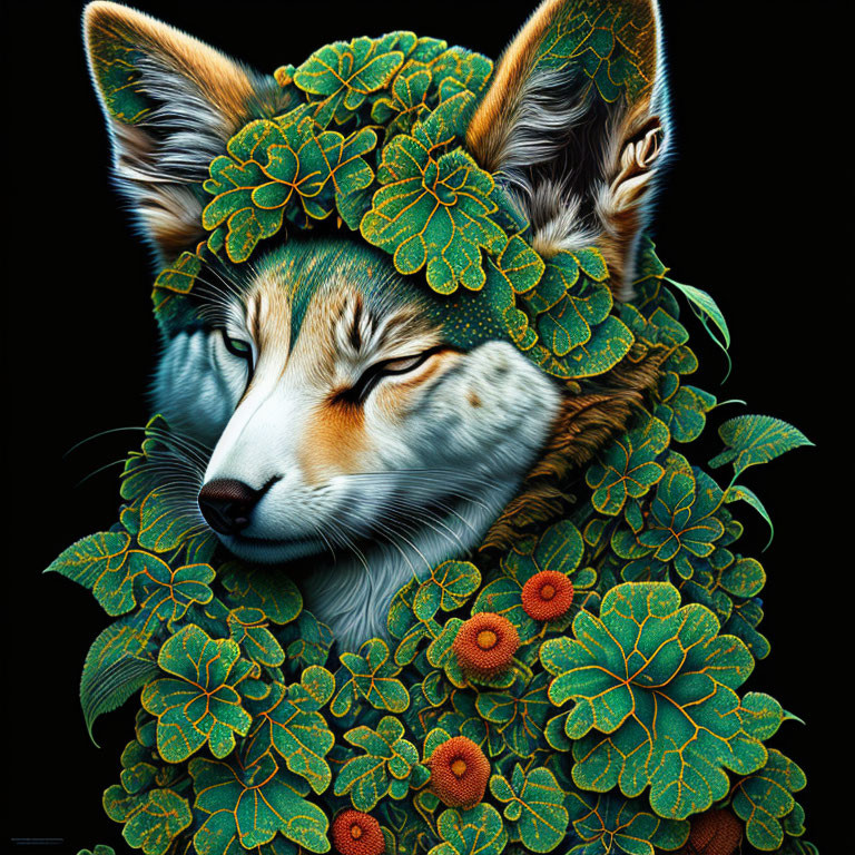 Fox with green leaves and orange flowers on black background