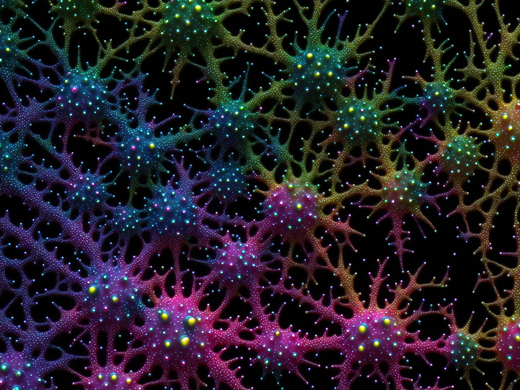 Vivid Fractal Pattern of Neon Coral Branches on Dark Background