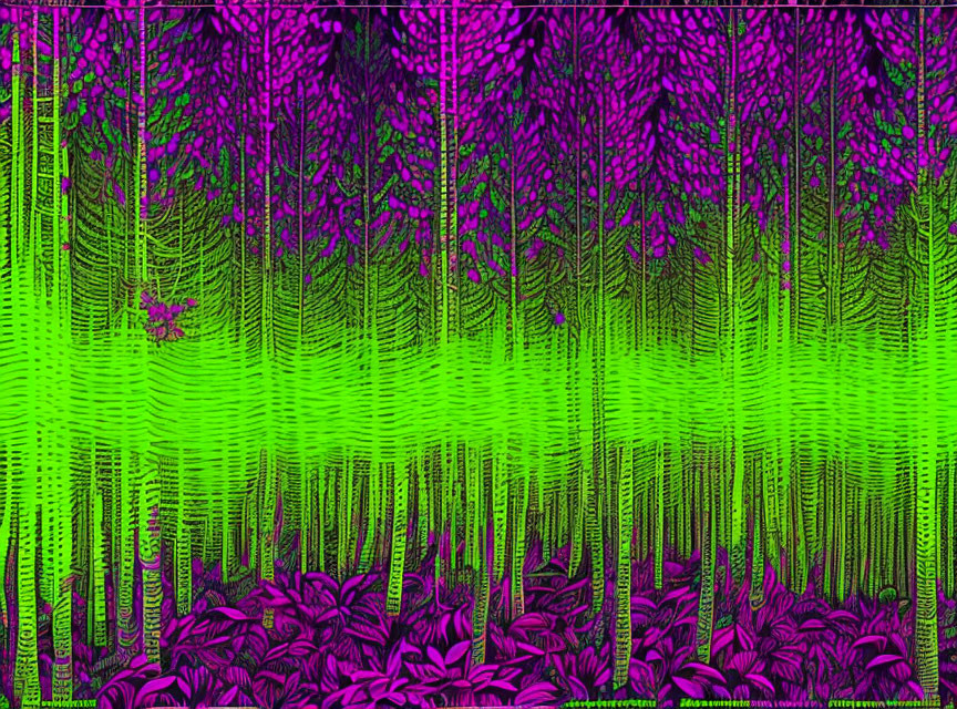 Vibrant Green and Purple Psychedelic Digital Forest