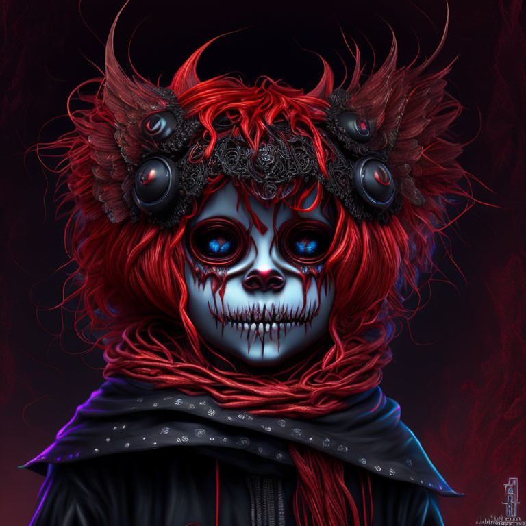 Digital artwork: Skull-faced character with red hair, ornate horns, blue eyes on crimson background