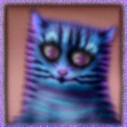 Stylized cat digital artwork with purple and blue fur on brown background