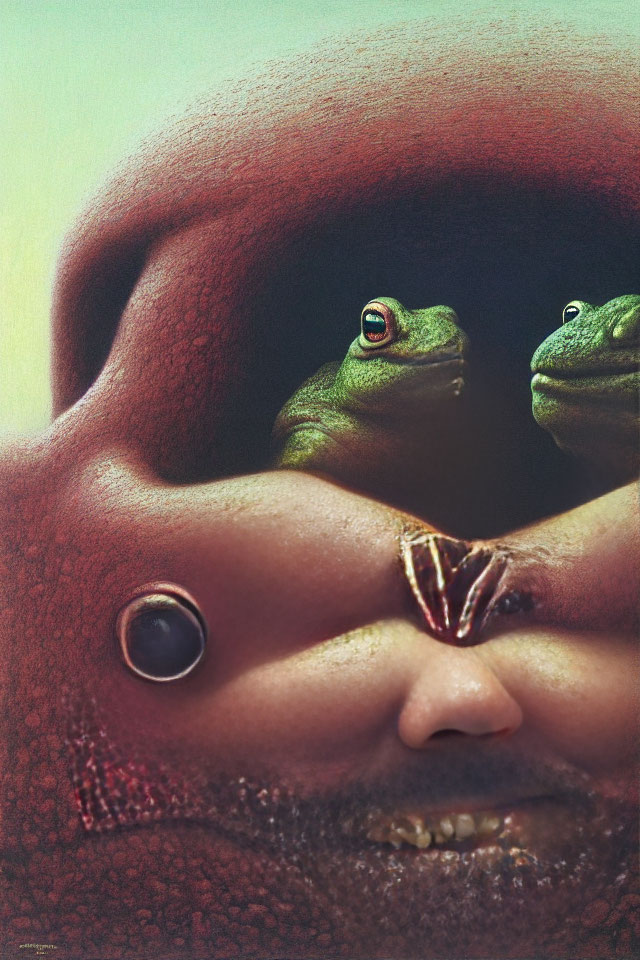 Surreal human face blending with frogs and abstract textures