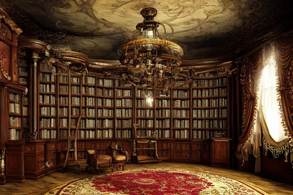 Luxurious Wood-Paneled Library with Chandelier, Fresco, Window, and Rug