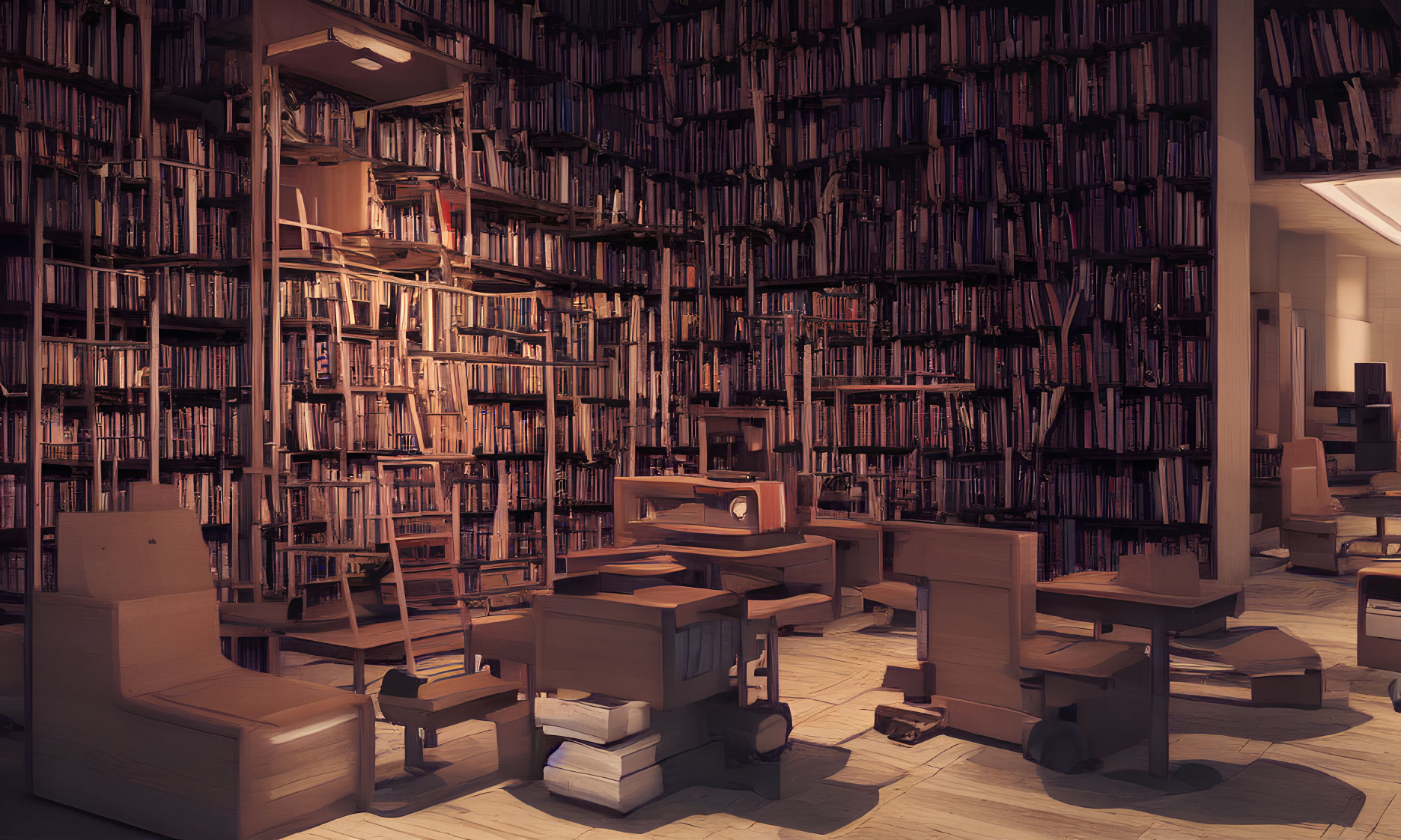 Wooden library interior with floor-to-ceiling bookshelves and cozy seating