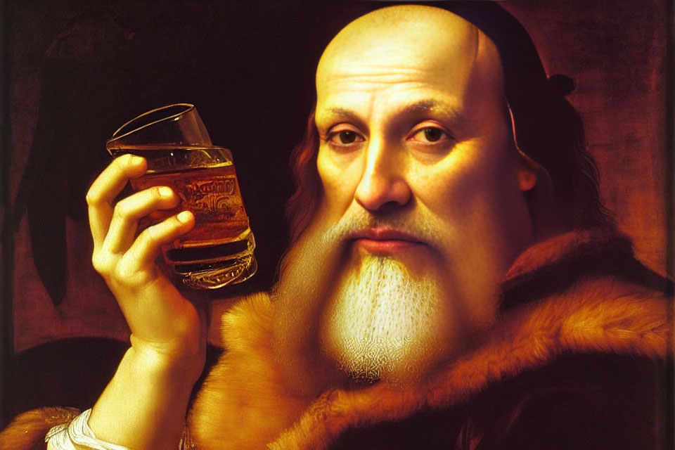 Bald Man with White Beard in Fur Coat Holding Glass of Amber Liquid