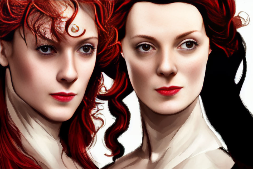 Two women with porcelain skin and curly red hair showcasing contrasting styles and accessories.