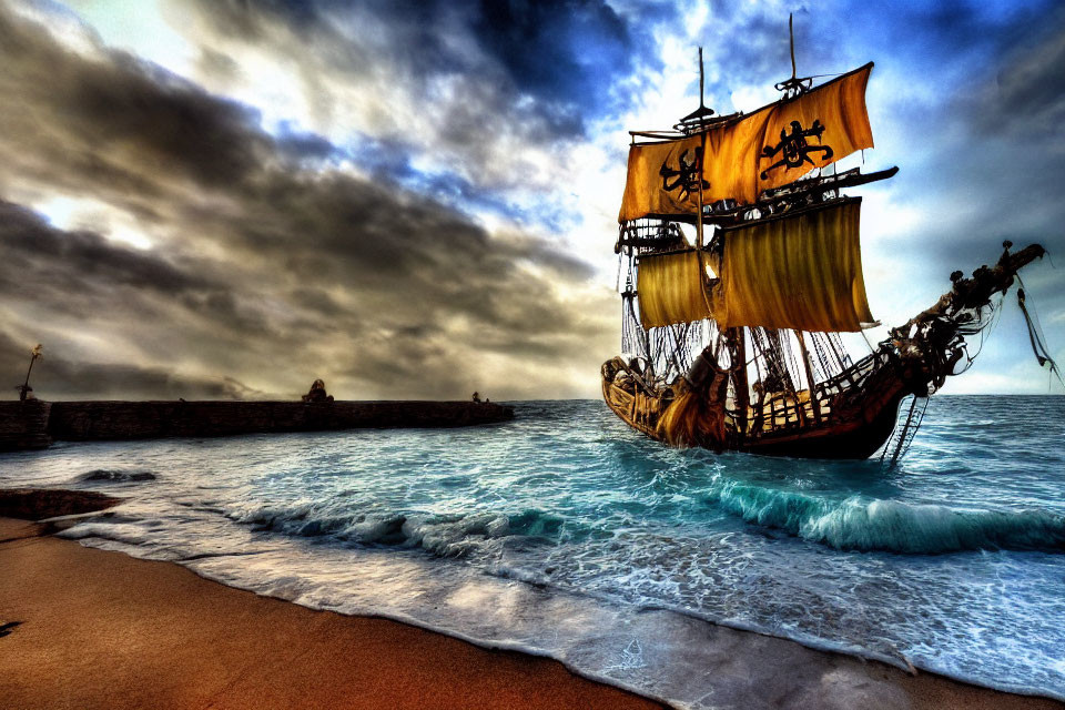 Majestic galleon sailing under dramatic sky near tranquil beach