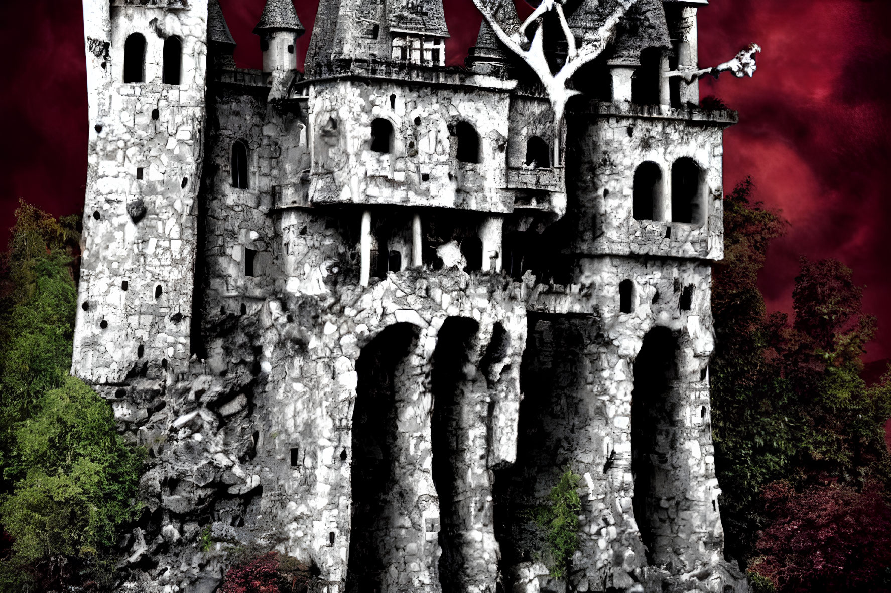 Dilapidated stone castle with multiple towers under dark red sky and foliage