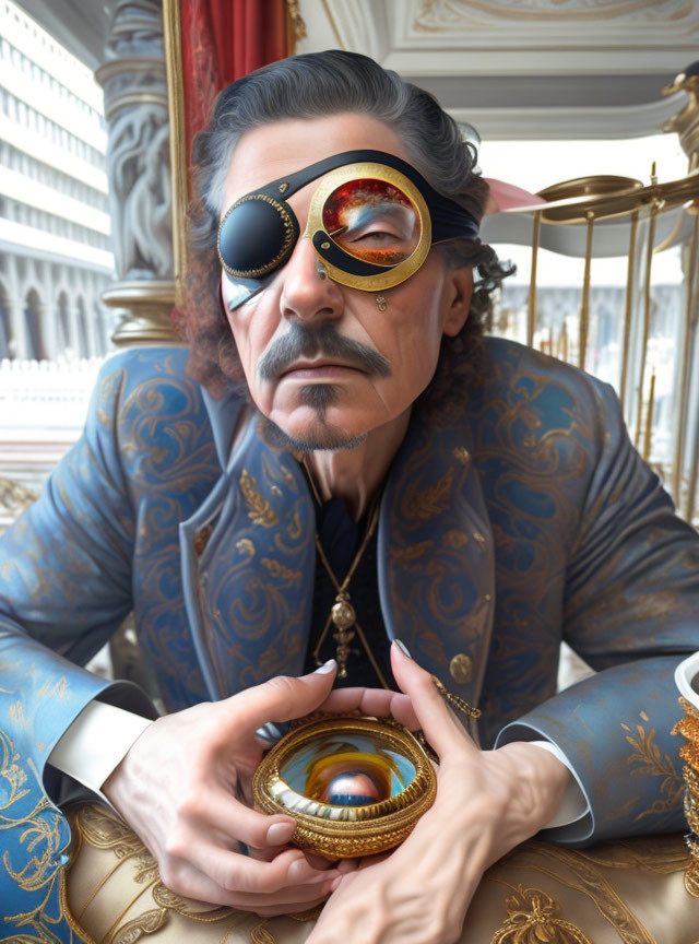 Distinguished person in blue suit with monocle and eye patch holding mysterious orb