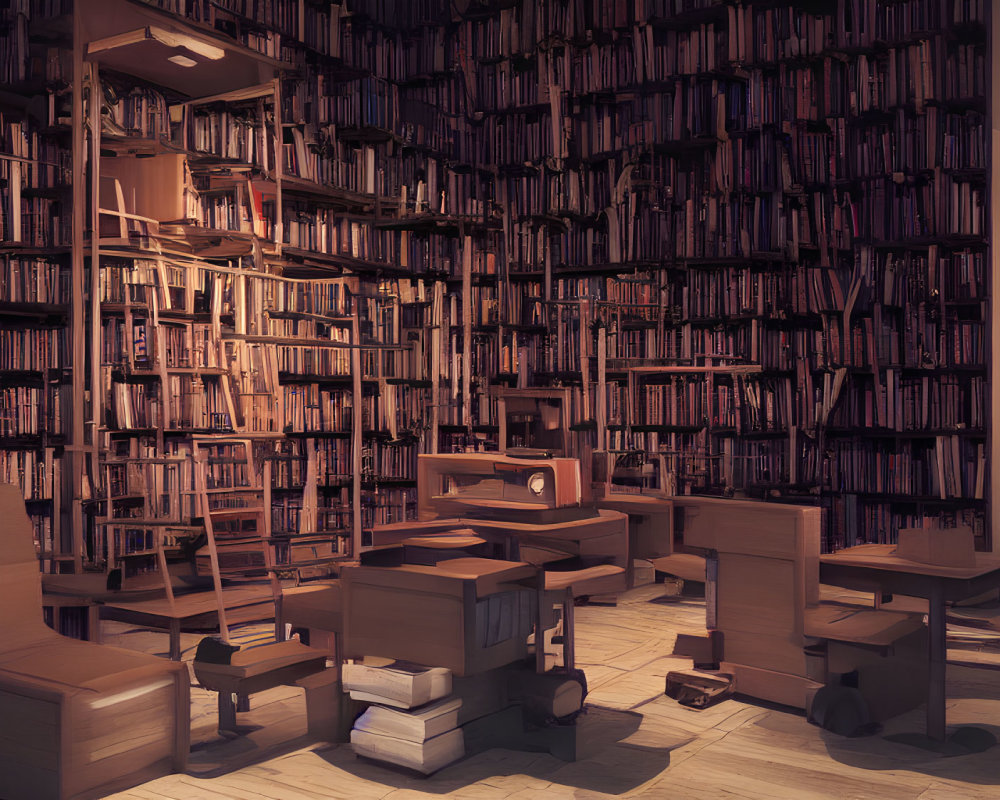 Wooden library interior with floor-to-ceiling bookshelves and cozy seating