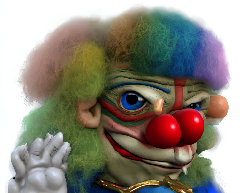 Colorful Clown Illustration: Blue Outfit, Rainbow Hair, Big Red Nose