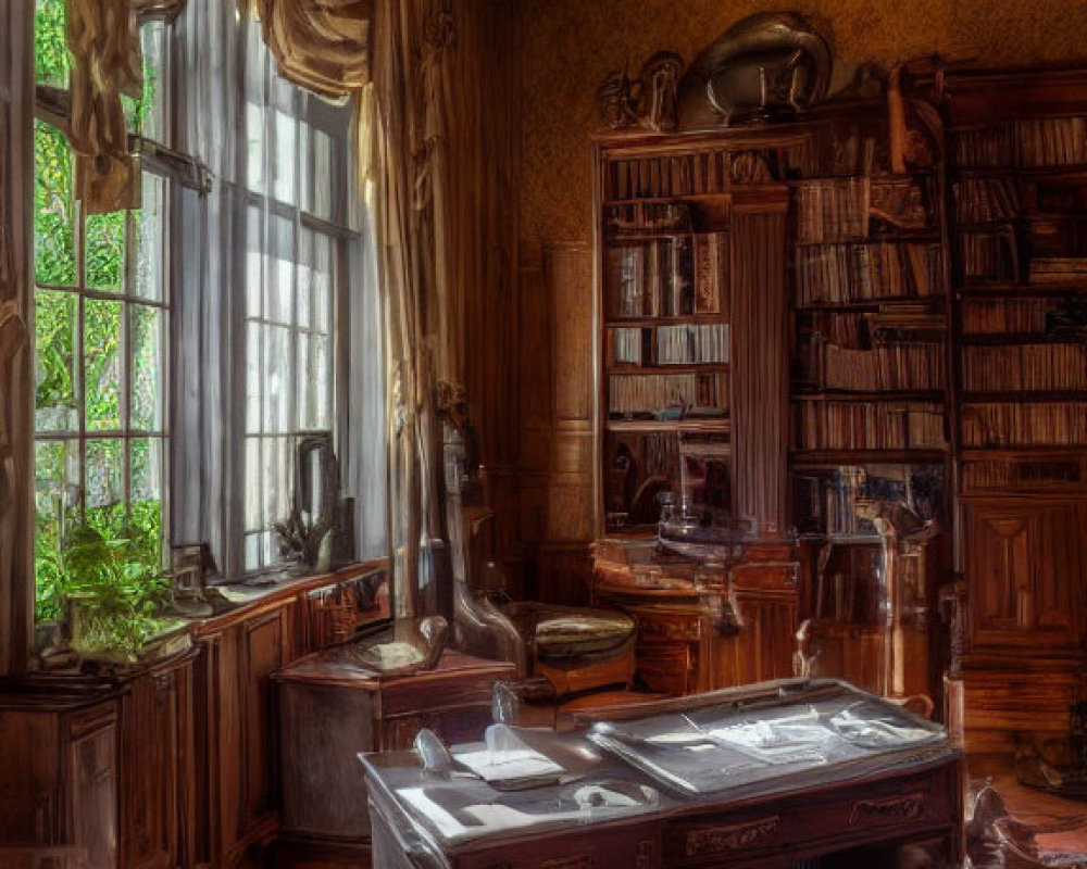 Vintage study room with large window, bookshelves, classic desk, globe, and warm natural light