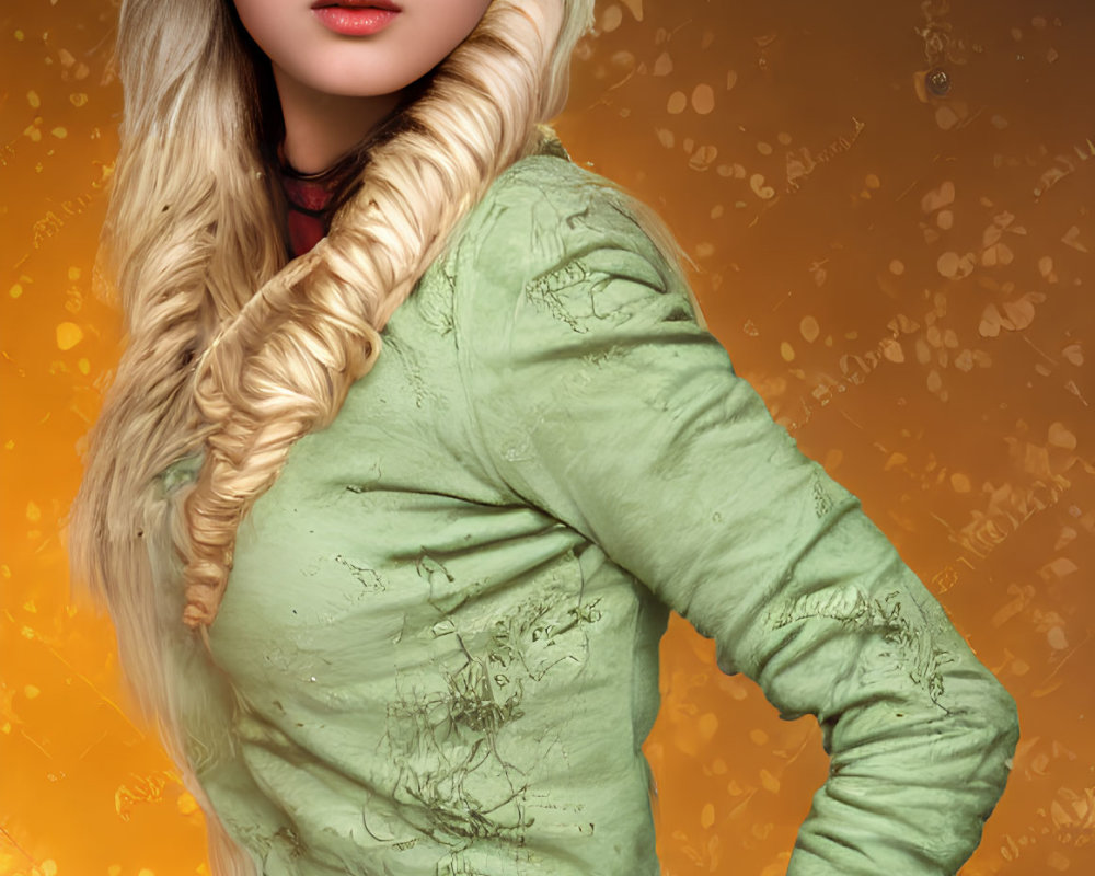 Blue-eyed woman with side braid in green top on warm yellow backdrop