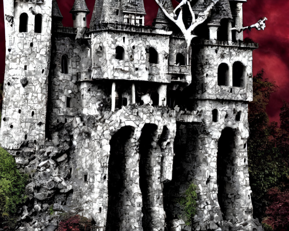 Dilapidated stone castle with multiple towers under dark red sky and foliage