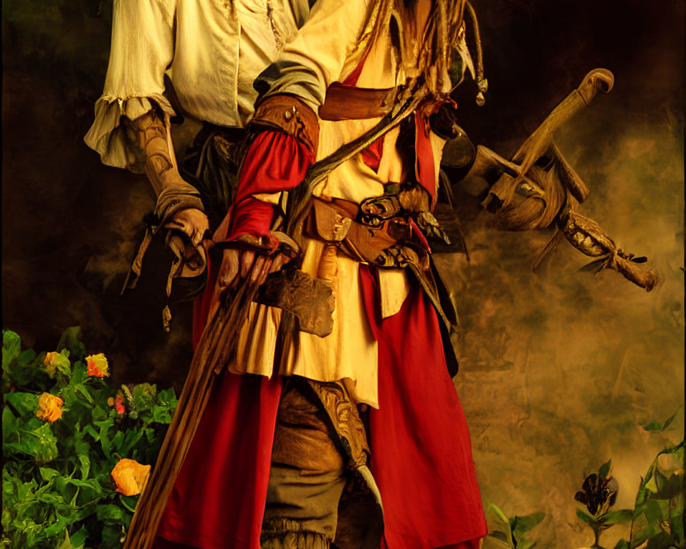 Pair of pirates in elaborate costumes with swords among roses