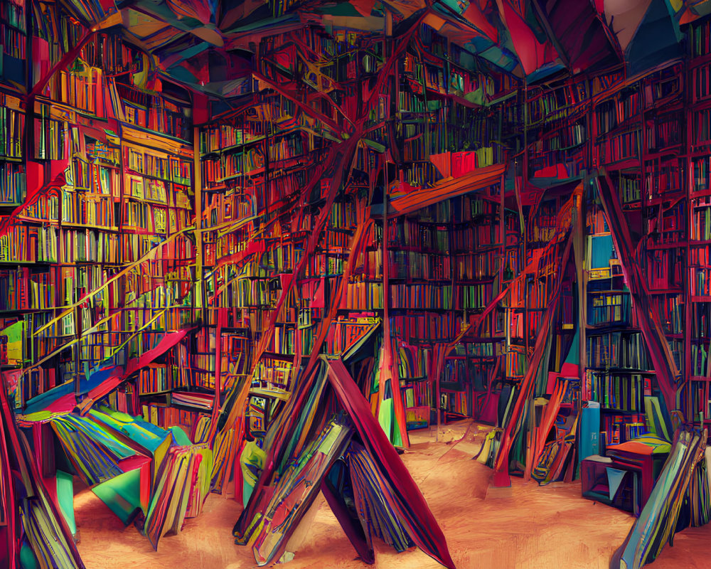 Chaotic library with haphazardly arranged books and ladders in vibrant room