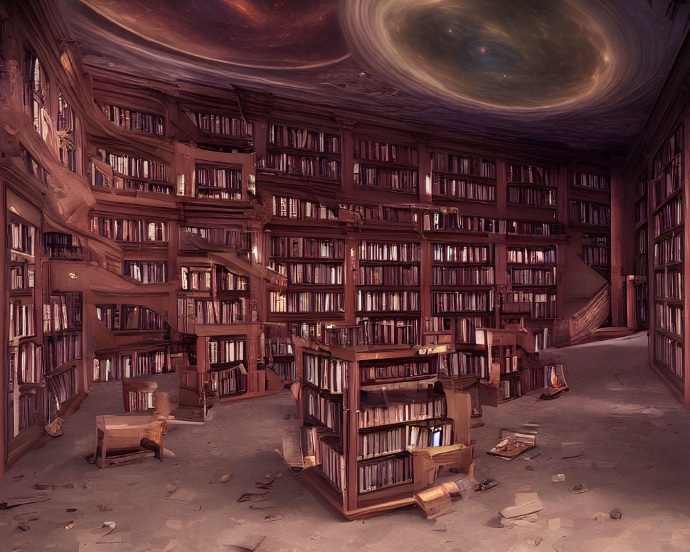 Majestic library with towering bookshelves under cosmic sky