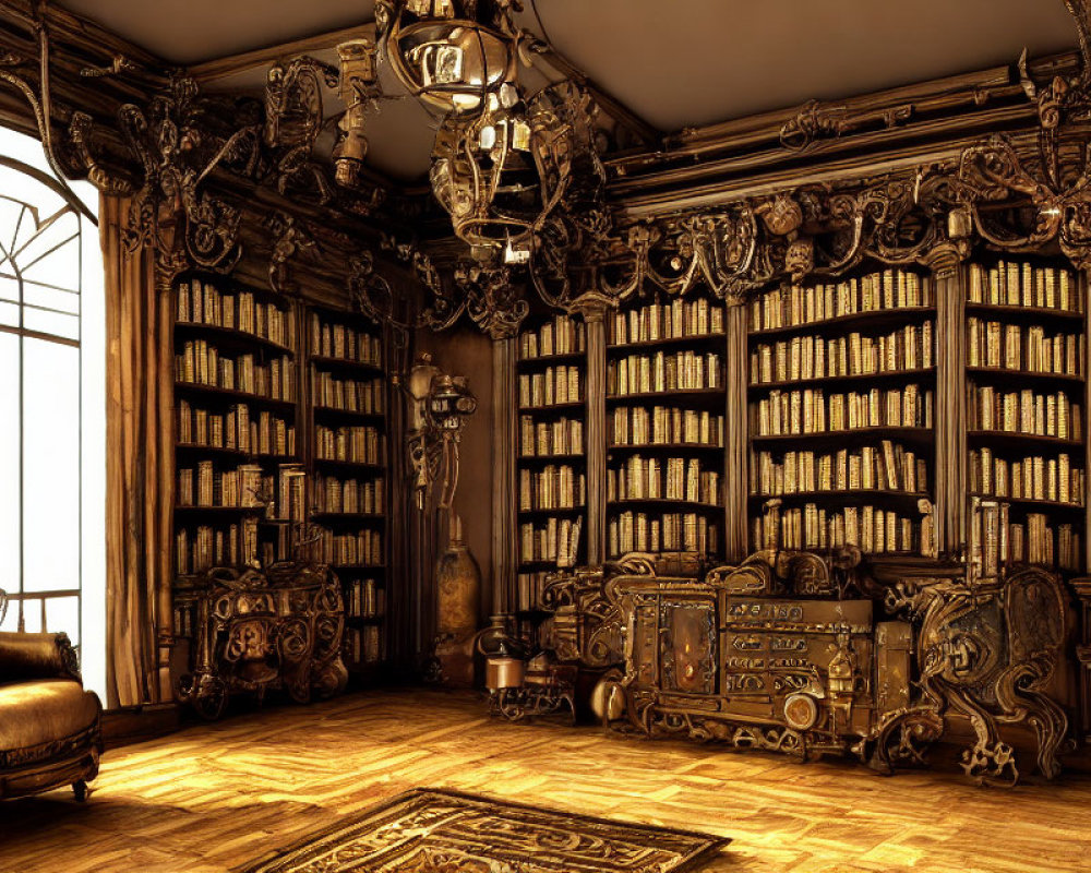 Vintage library with ornate bookshelves, armchair, carvings, and sunlight-filled window