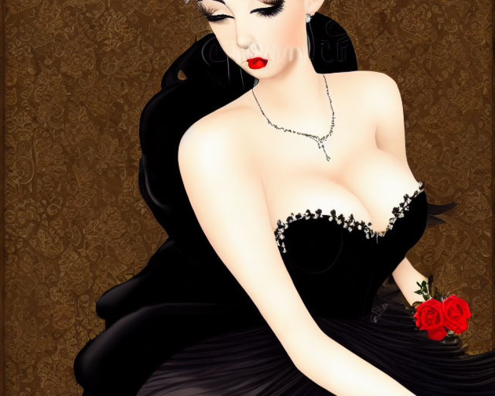 Detailed illustration of woman in black dress with plunging neckline, holding red rose.