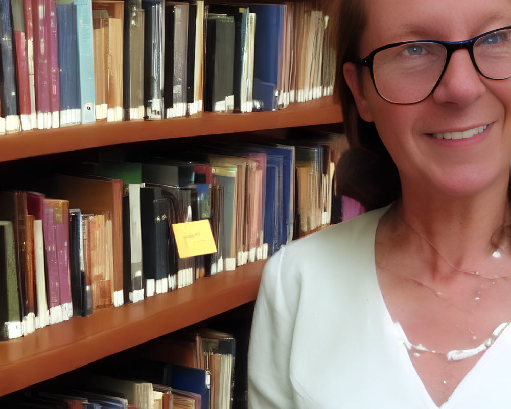 Smiling woman with glasses in well-lit room surrounded by books