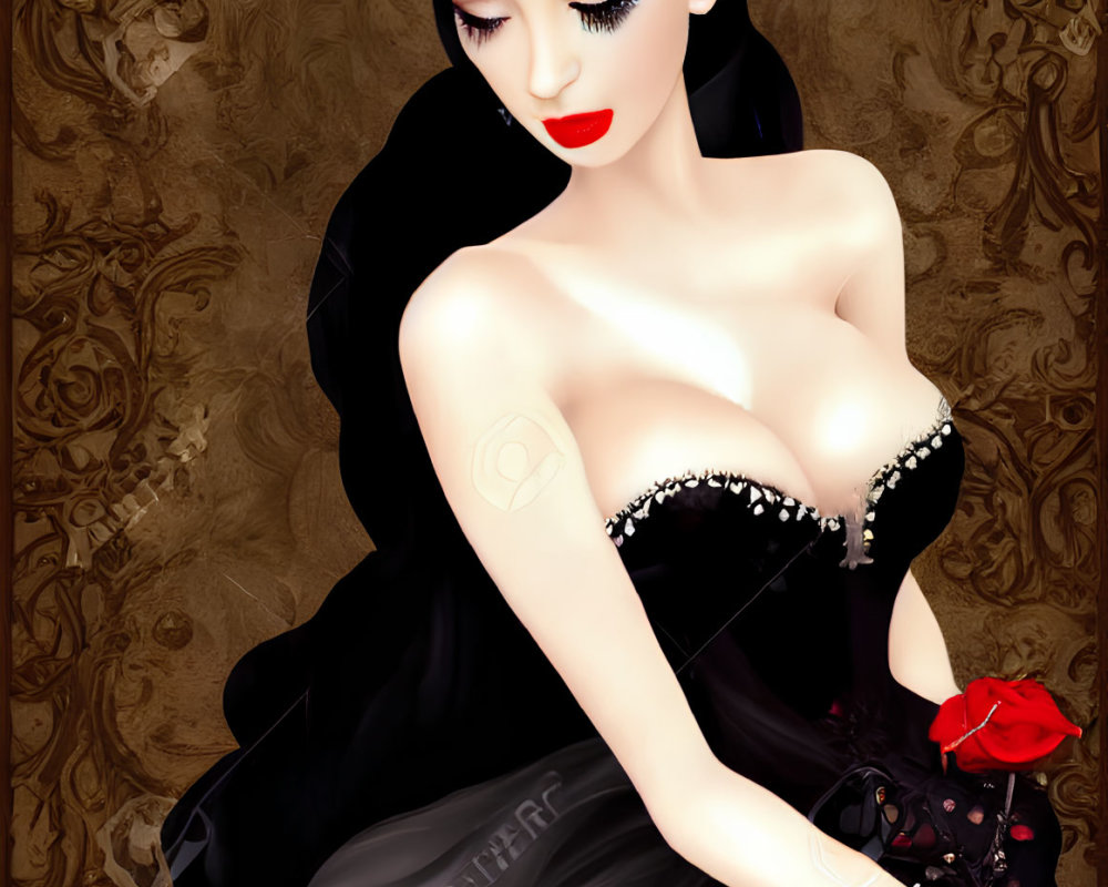 Illustration of woman in black gown with red rose on patterned background