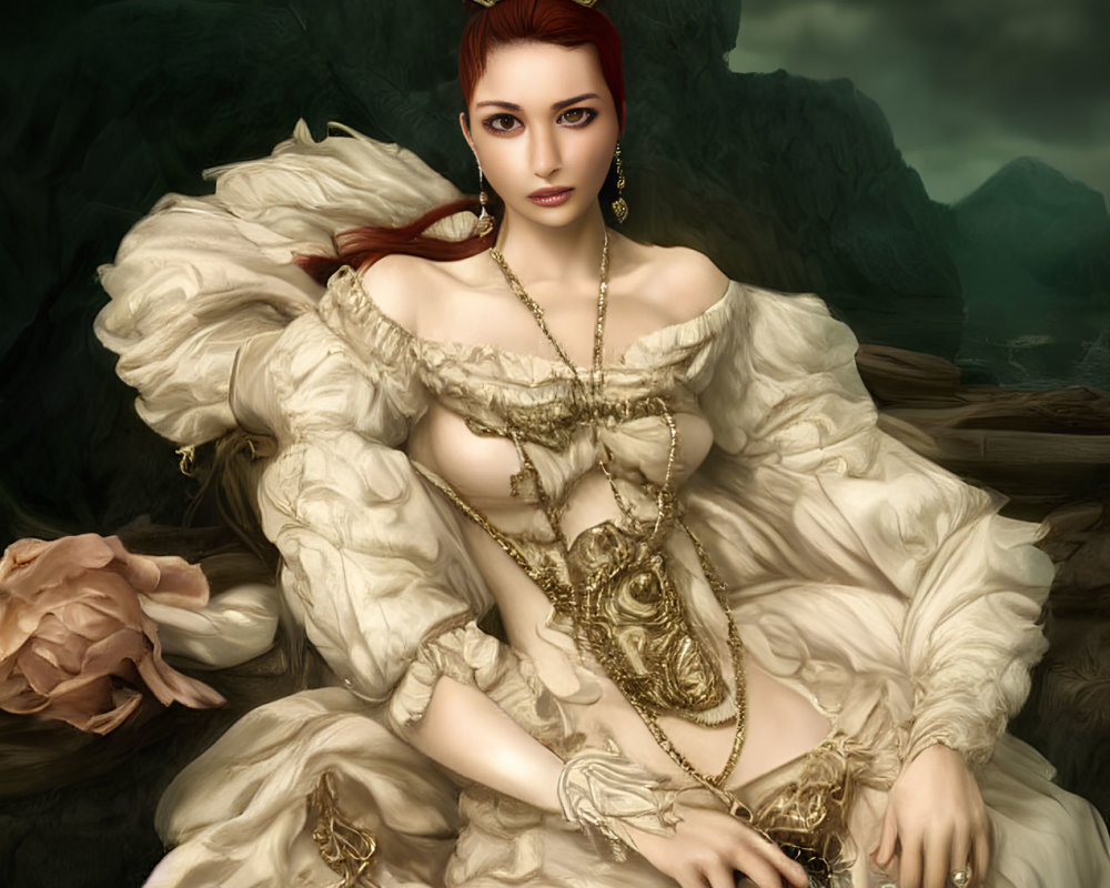 Regal woman with red hair in luxurious white gown and crown against stormy background