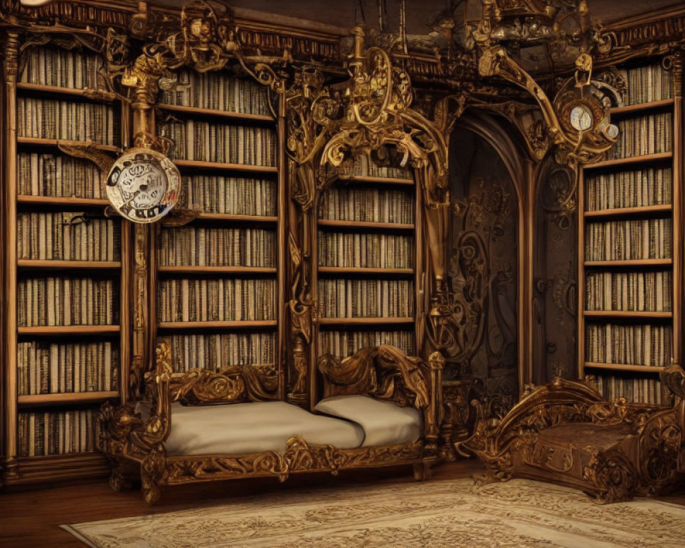 Richly Decorated Wooden Library with Clock, Bookcases, Bench, and Classic Rug