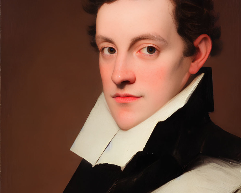 Young man with wavy hair in black jacket and white cravat on brown background