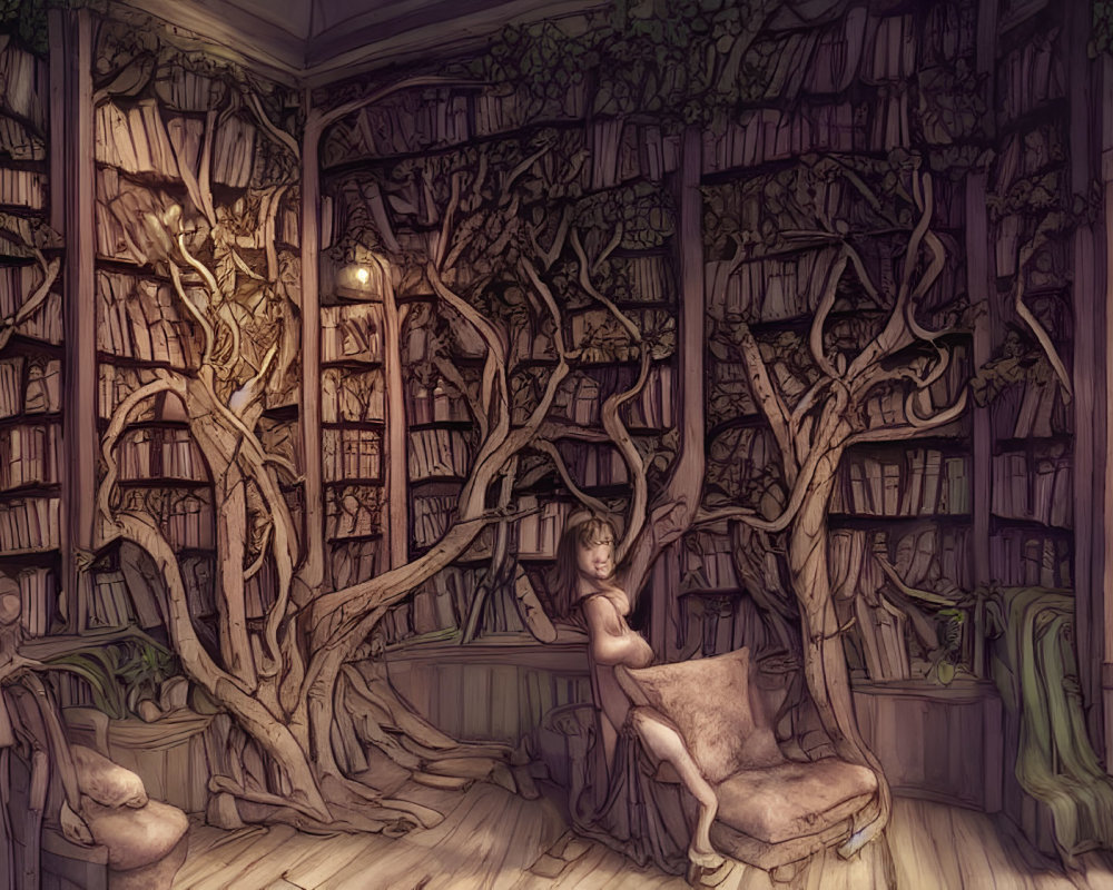 Enchanted library with tree branch shelves and central reading tree