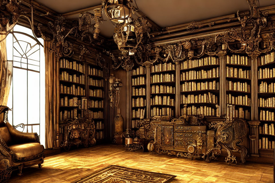 Vintage library with ornate bookshelves, armchair, carvings, and sunlight-filled window