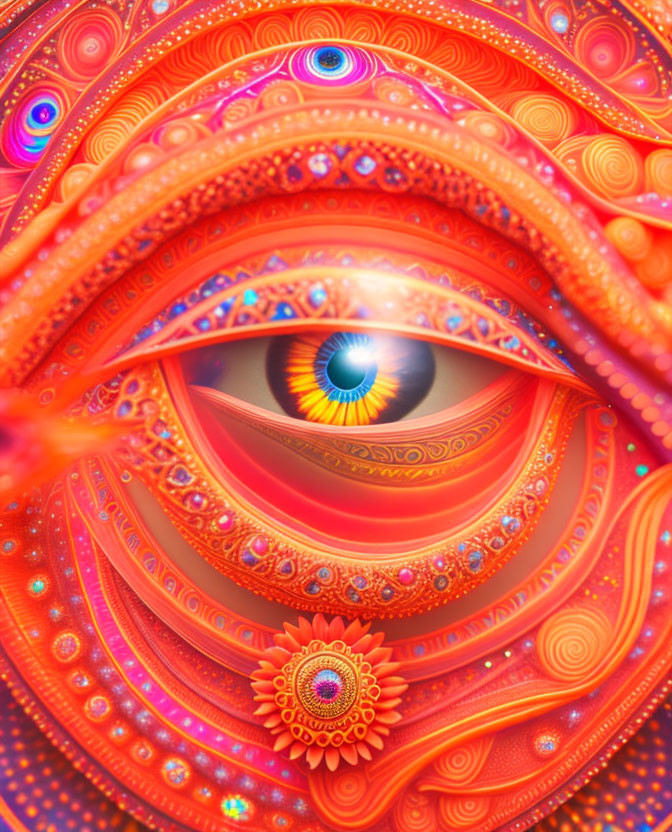 Colorful digital artwork: Eye with psychedelic patterns in orange, red, purple