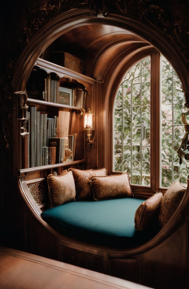 Gothic arched window reading nook with built-in bench and bookshelves