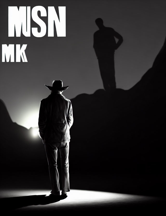 Silhouetted figure in hat with monumental shadow on mountain, "NSN MK" letters above