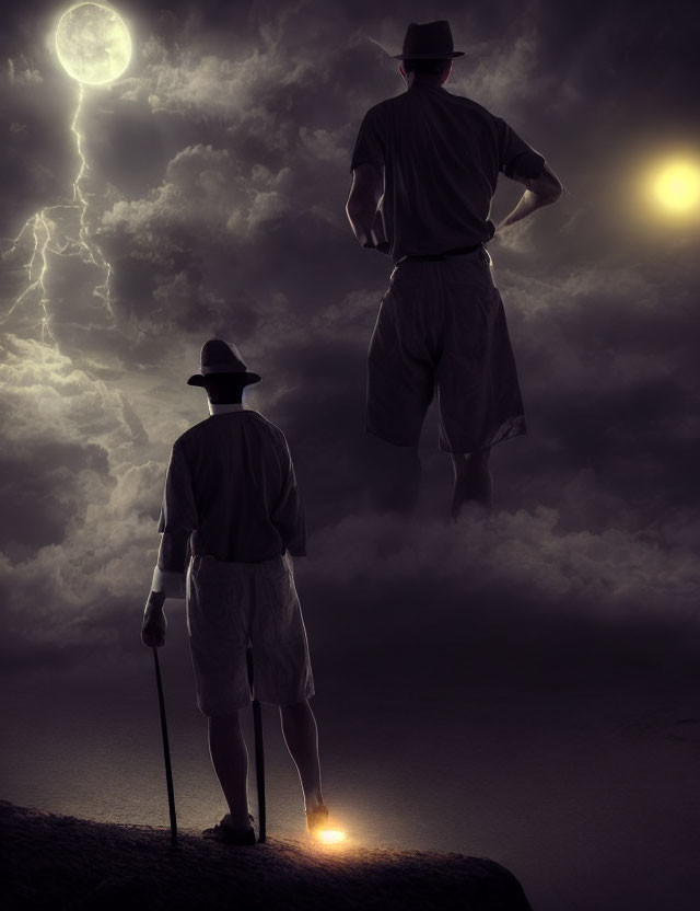 Two Figures in Suits and Hats Under Full Moon and Lightning