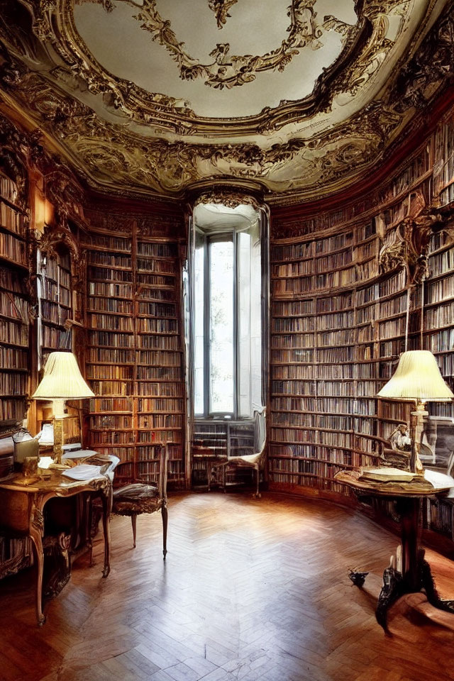 Spacious oval library with bookshelves, window, lamps, desk, and parquet flooring