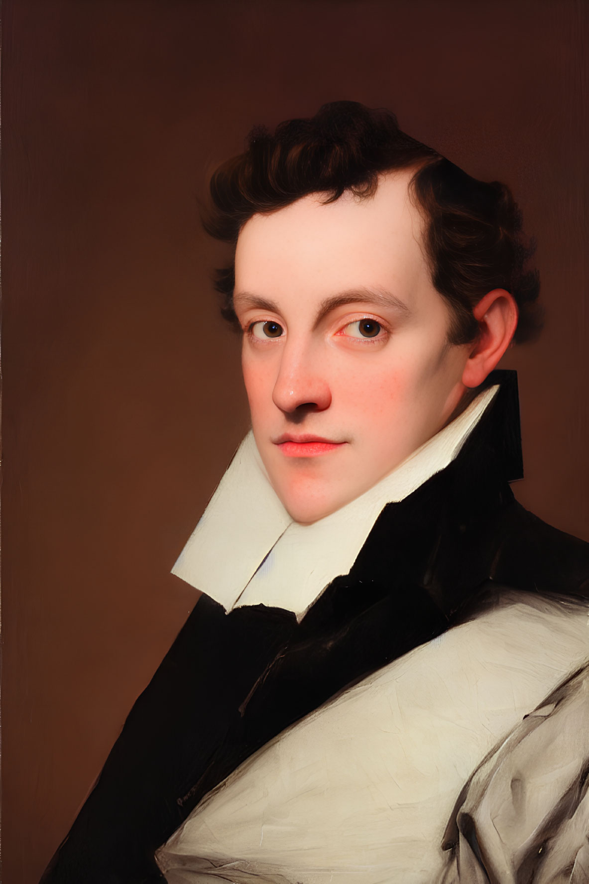 Young man with wavy hair in black jacket and white cravat on brown background