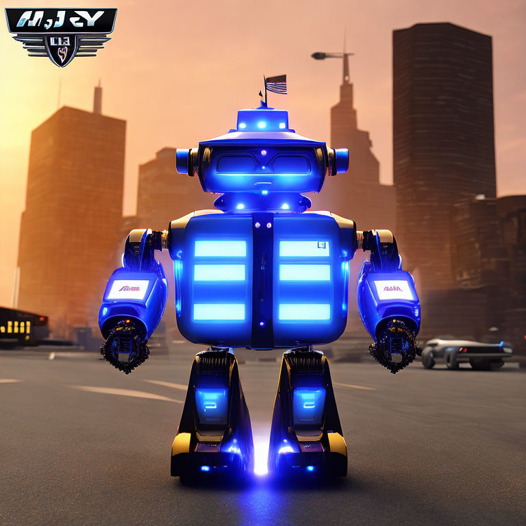 Stylized blue and white robot on road at sunset with city buildings