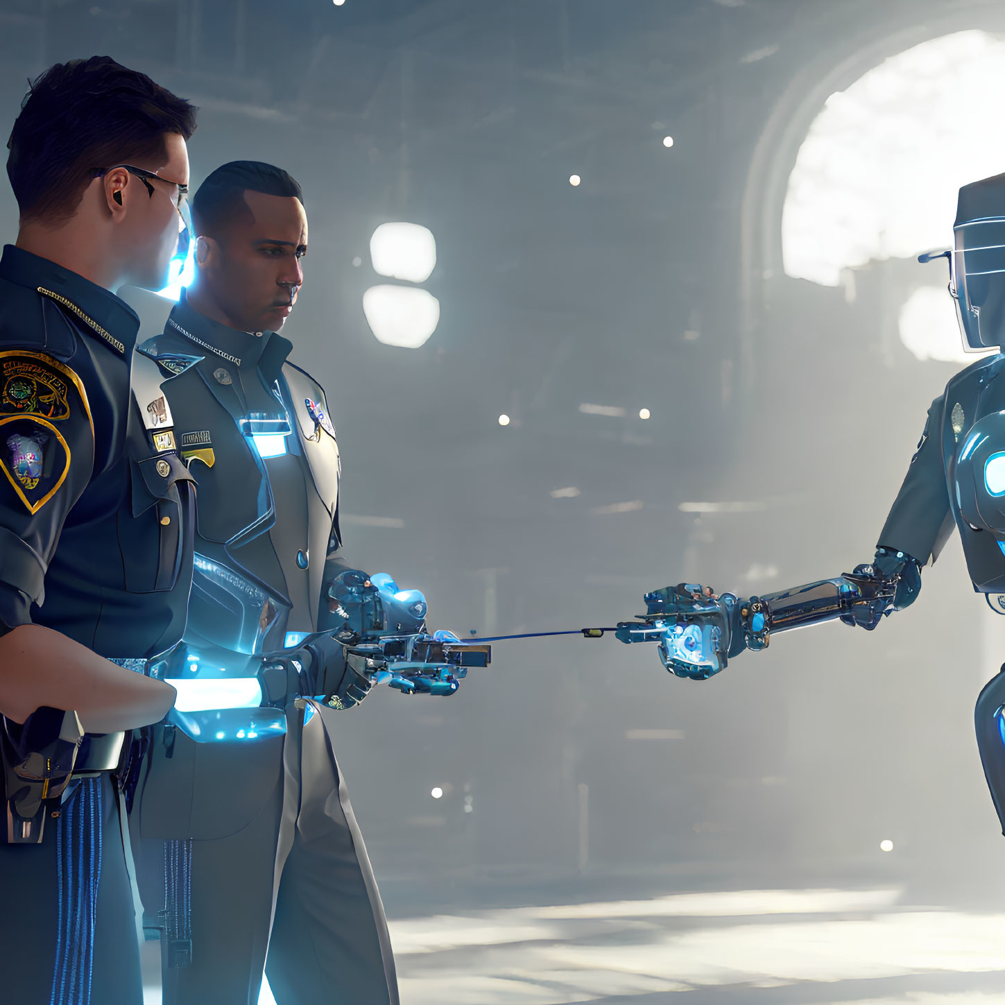 Futuristic scene: Police officers examine humanoid robot with remote control