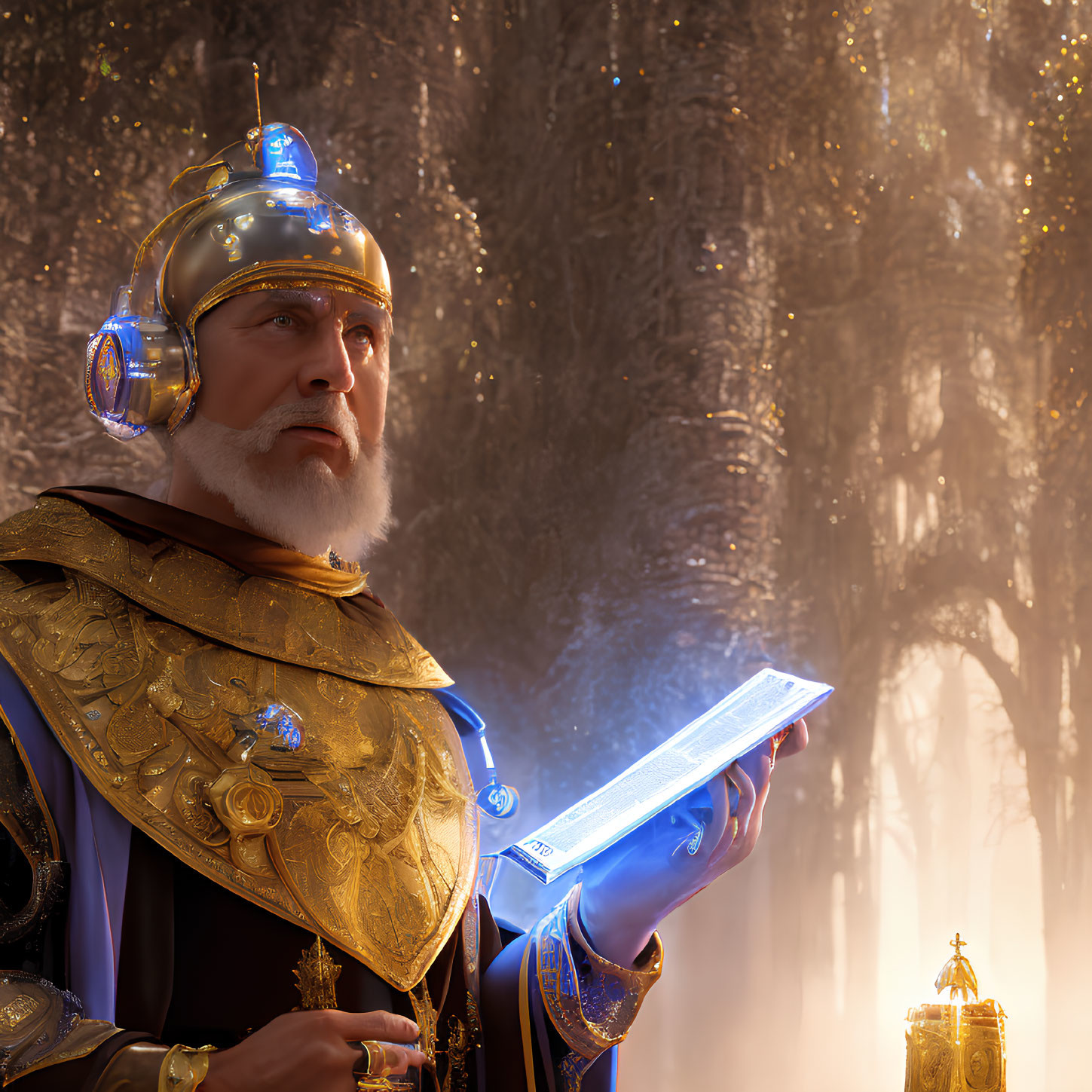 Bearded man in golden armor gazes at glowing book in misty forest