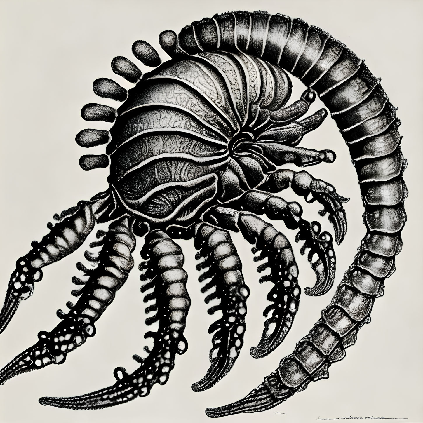 Fantastical creature with segmented shell and tentacles