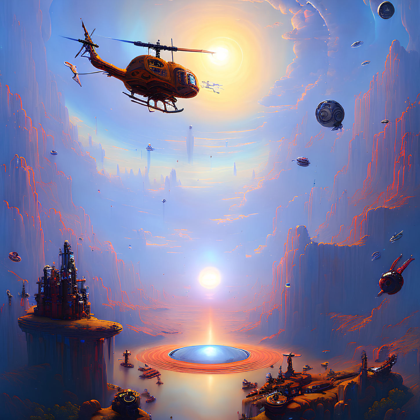 Futuristic sci-fi landscape with helicopter, city, cliffs, dual sunset, spacecraft, and floating