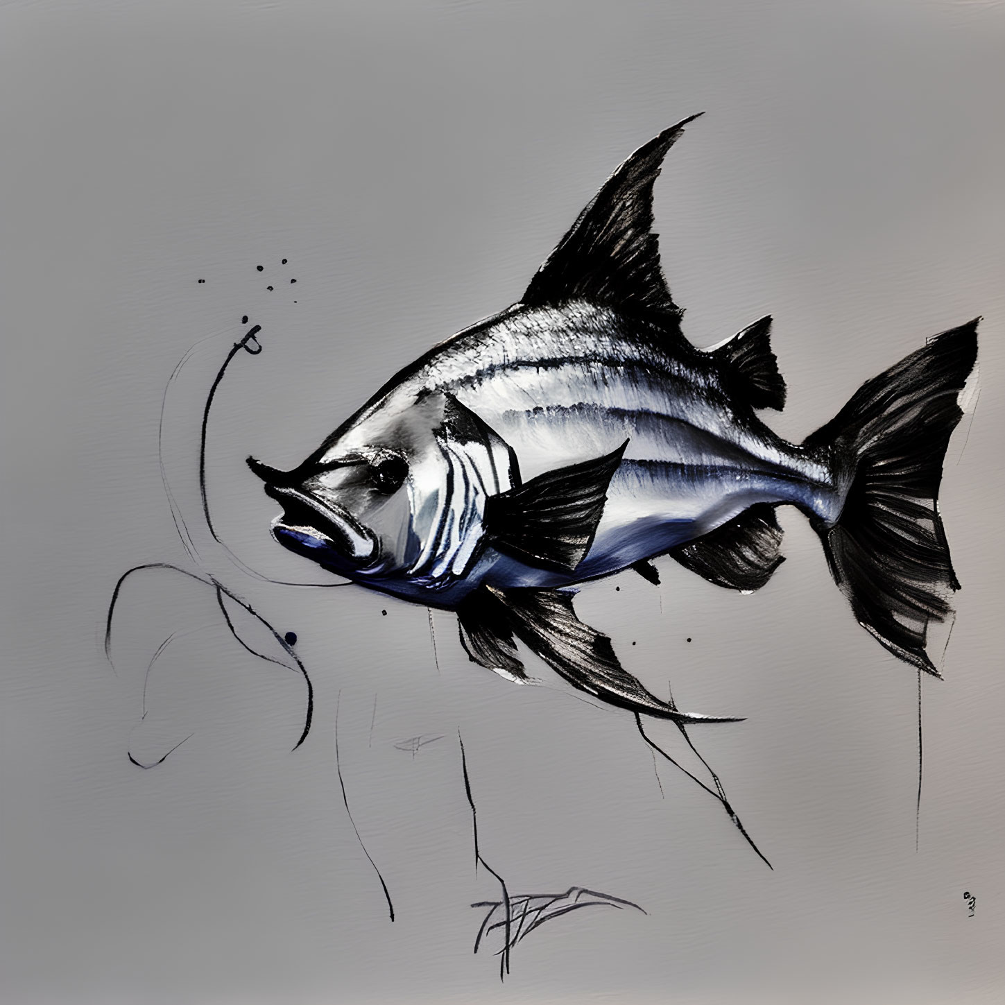 Monochrome fish painting with dynamic brush strokes on light background