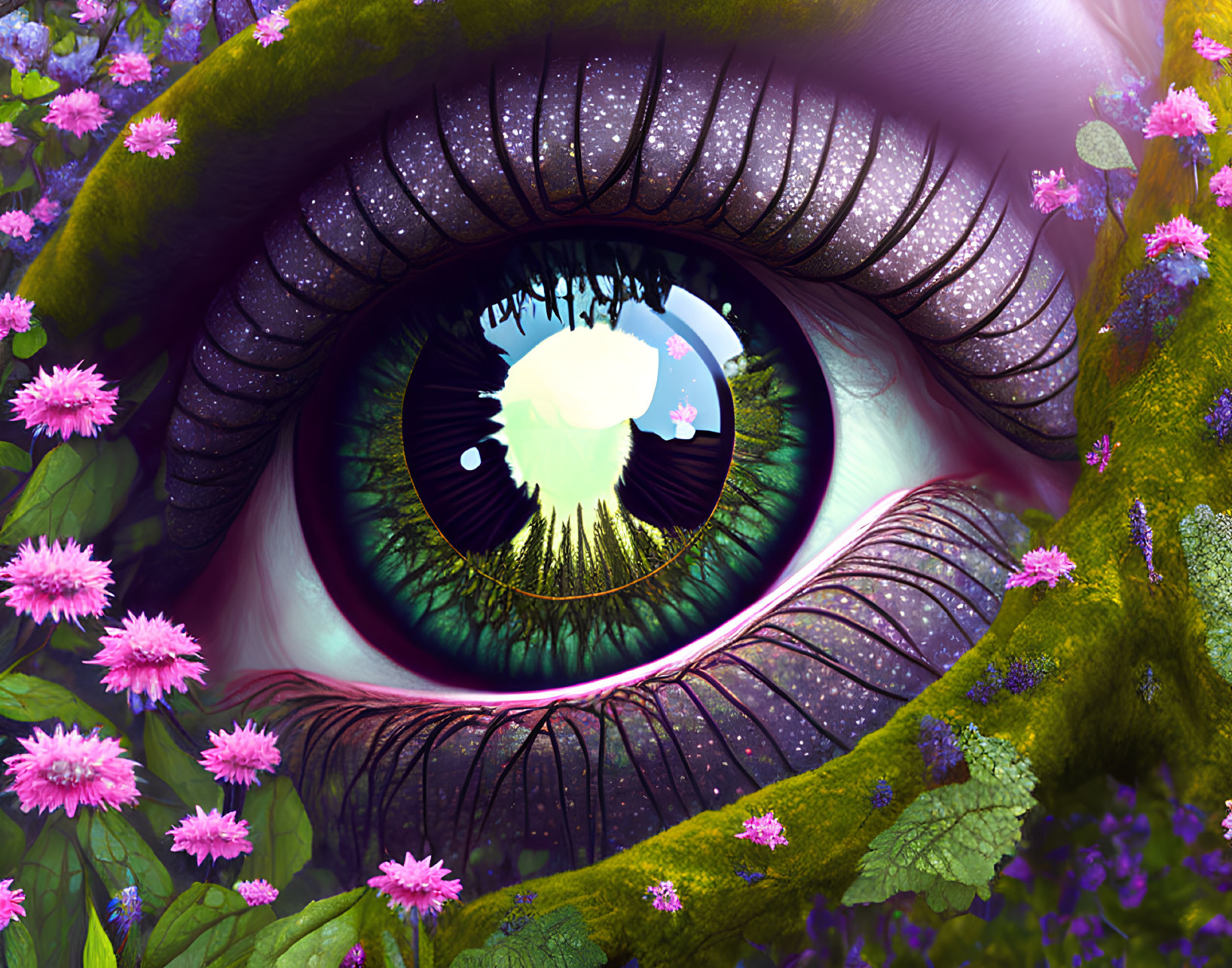 Vibrant eye illustration with purple flowers and fantasy landscape