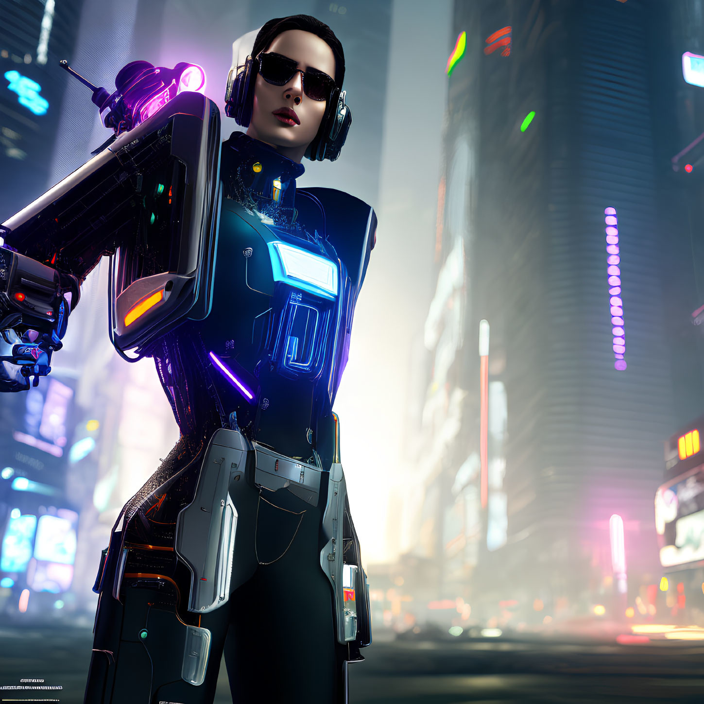 Sleek futuristic female android with illuminated elements and sunglasses in neon-lit cityscape