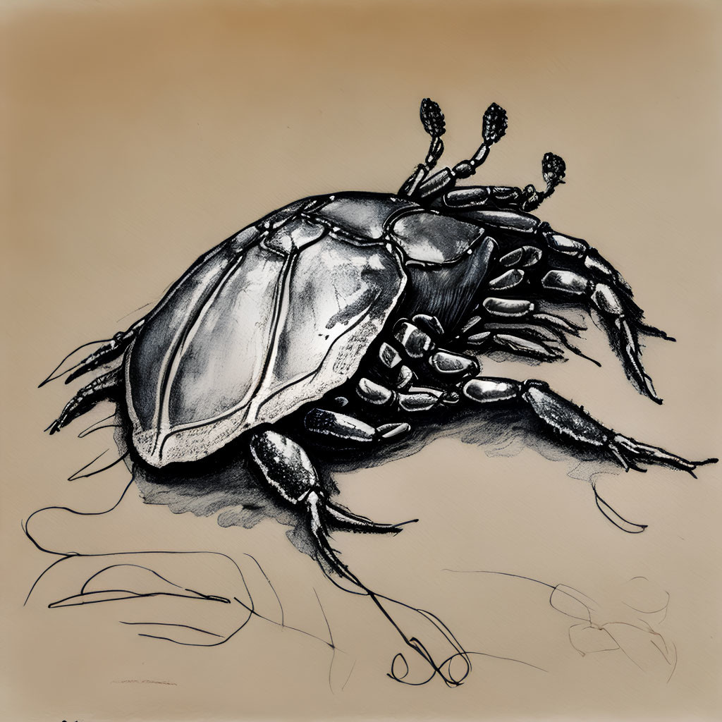 Detailed Beetle Sketch with Black Ink Accents on Beige Background