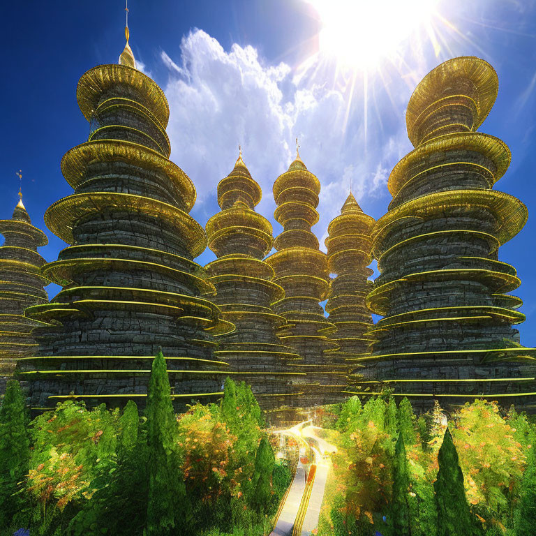 Fantastical Pagoda Towers in Lush Greenery